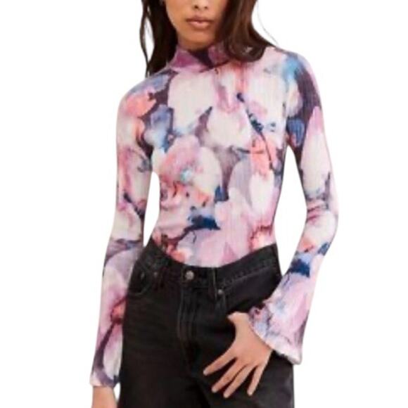 Anthropologie Tops - Anthropologie Pilcro Purple Floral Ribbed Velvet Shirt Women's M Mock Neck NEW